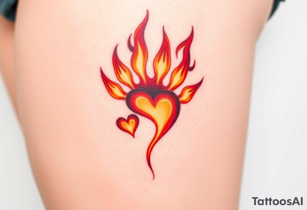A fiery bird paw print with hearts engulfed in flames, using shades of red, orange, and yellow, symbolizing passion and energy tattoo idea