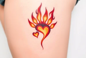 A fiery bird paw print with hearts engulfed in flames, using shades of red, orange, and yellow, symbolizing passion and energy tattoo idea