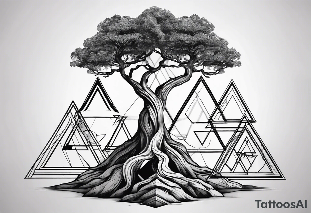 minimalistic Yggdrasil tree with 3 triangles set behind it tattoo idea