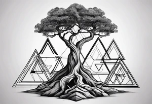 minimalistic Yggdrasil tree with 3 triangles set behind it tattoo idea