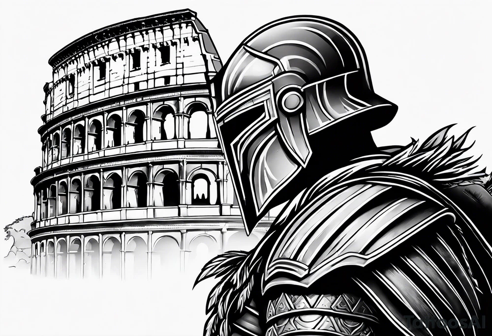 Side profile of spartan soilder with Rome Pantheon and colosseum in background tattoo idea