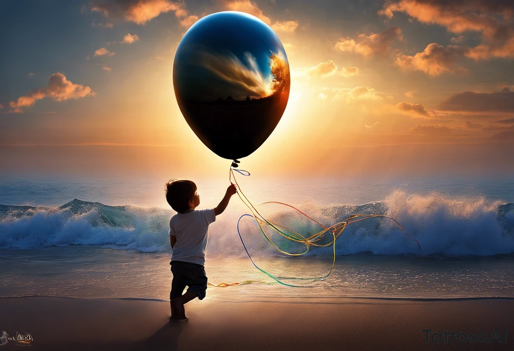 little boy holding a string to the earth shaped baloon.
boy should be drawed from behinfd anhas one hand reaching up in 45 degree angle and holding the baloon string
the string has a big wave in like a hearbeat pulse on it.
baloon is in the shape of the hearth tattoo idea