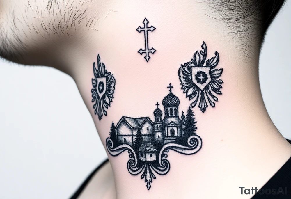 Traditional authentic Russian coat of arms with a Christian orthodox virgin marry in the middle and silhouette in a Russian wilderness Christian orthodoxy dome church village setting on the side of my neck tattoo idea