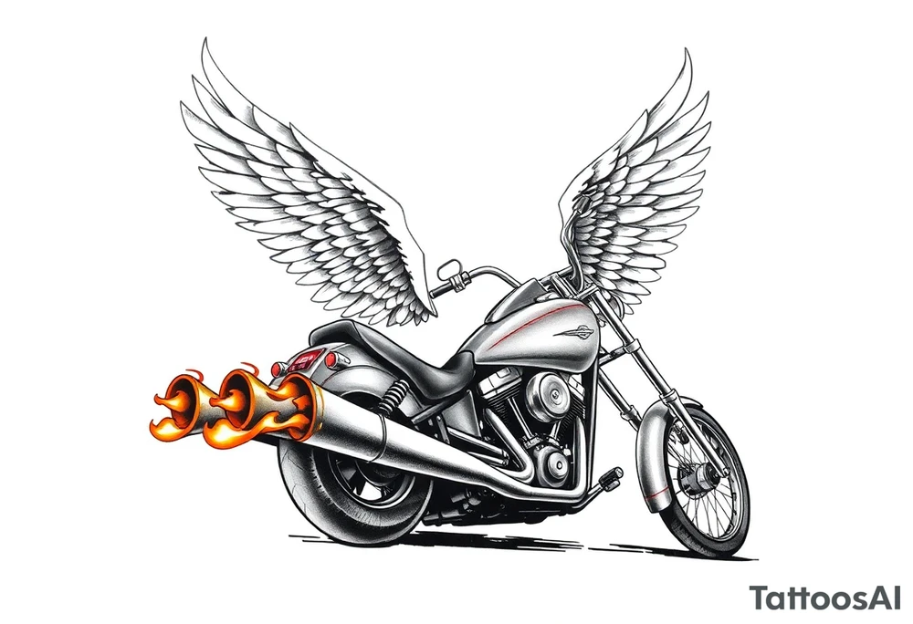 Low rider grey motorcycle, big muffler pipes with flames, angel wings, driving away, no person tattoo idea