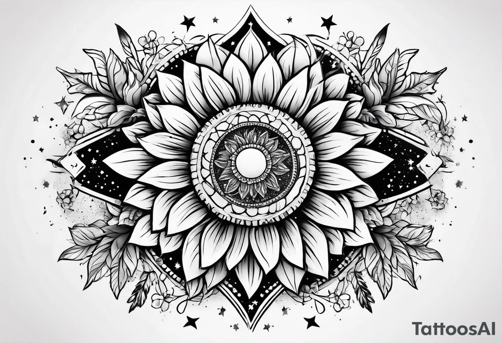 elegant tattoo design with sunflower surrounded by circle of little stars and arrow tattoo idea