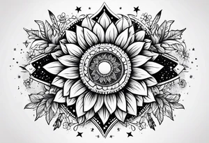 elegant tattoo design with sunflower surrounded by circle of little stars and arrow tattoo idea