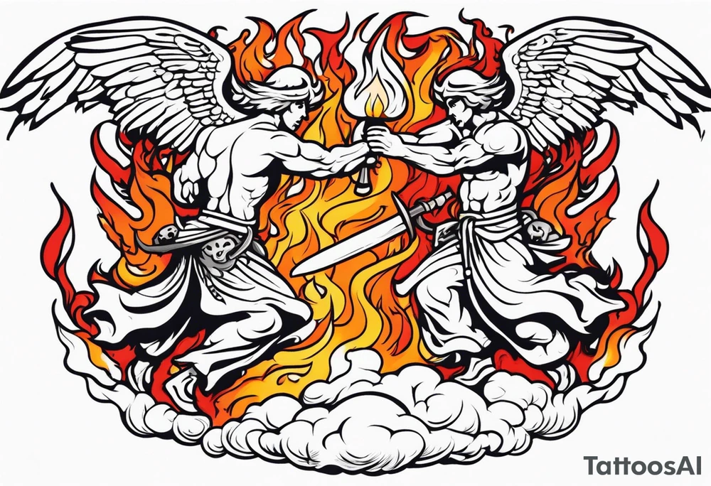 Angels fighting demons over fire with skuls in the background tattoo idea