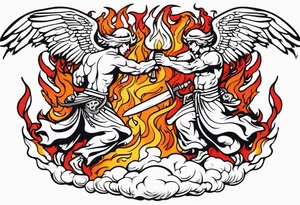 Angels fighting demons over fire with skuls in the background tattoo idea