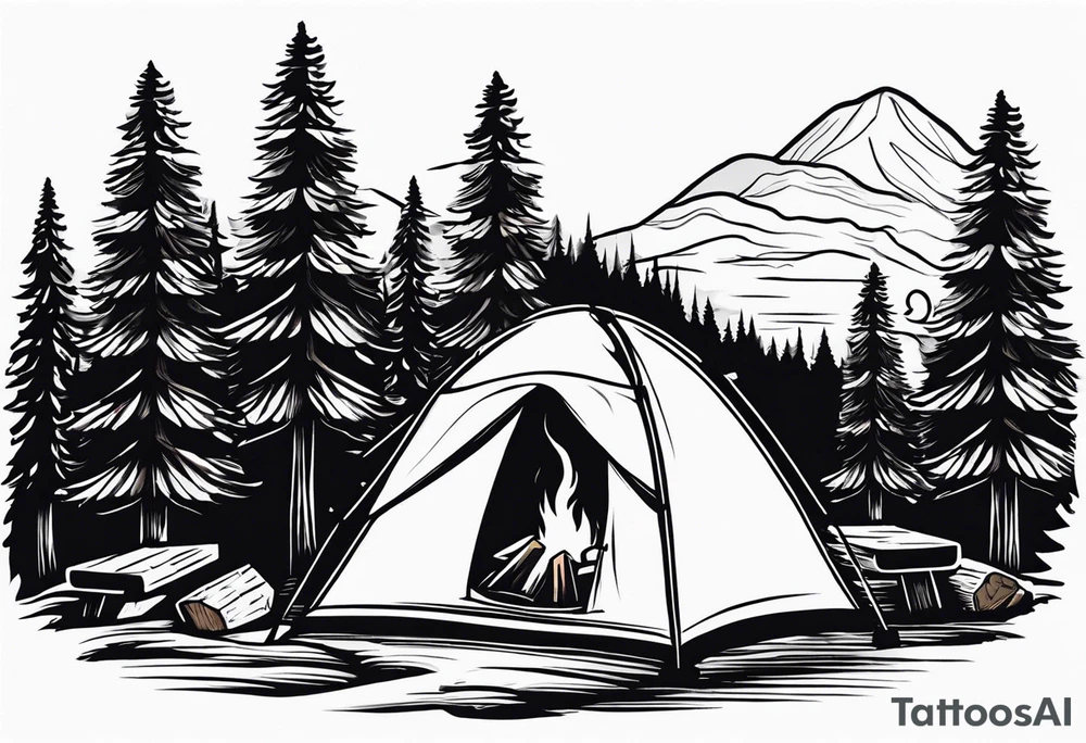 Campground with onr small tent and small fire pit with smoke pillowing out of it. three large pine trees being the focus in the background. tattoo idea