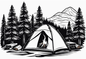 Campground with onr small tent and small fire pit with smoke pillowing out of it. three large pine trees being the focus in the background. tattoo idea