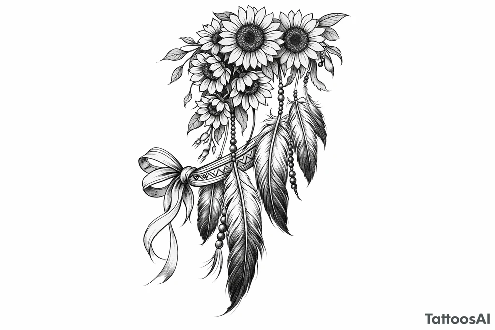 Cascading Sunflowers over Indian feathers and Indian ribbon tattoo idea