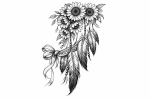 Cascading Sunflowers over Indian feathers and Indian ribbon tattoo idea