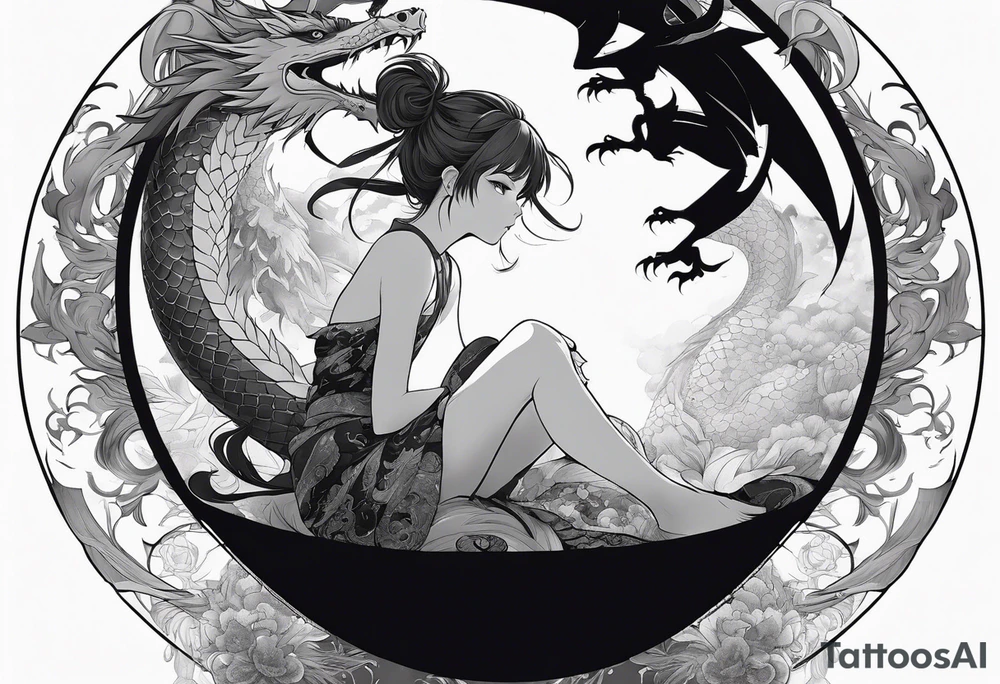 a full shot of an anime girl seen from far, sitting on a sphere and surrounded by asian dragon with wings tattoo idea