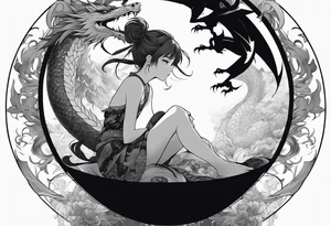 a full shot of an anime girl seen from far, sitting on a sphere and surrounded by asian dragon with wings tattoo idea