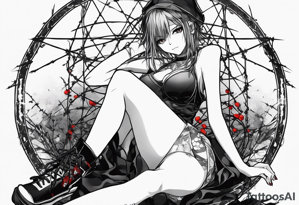 a bleeding anime girl, sitting on a ball, surrounded by barbed wire tattoo idea
