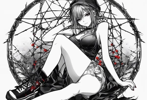 a bleeding anime girl, sitting on a ball, surrounded by barbed wire tattoo idea