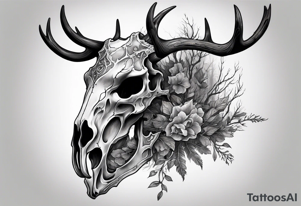 A side profile of decayed deer skull head in a forest fire tattoo idea