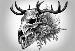 A side profile of decayed deer skull head in a forest fire tattoo idea
