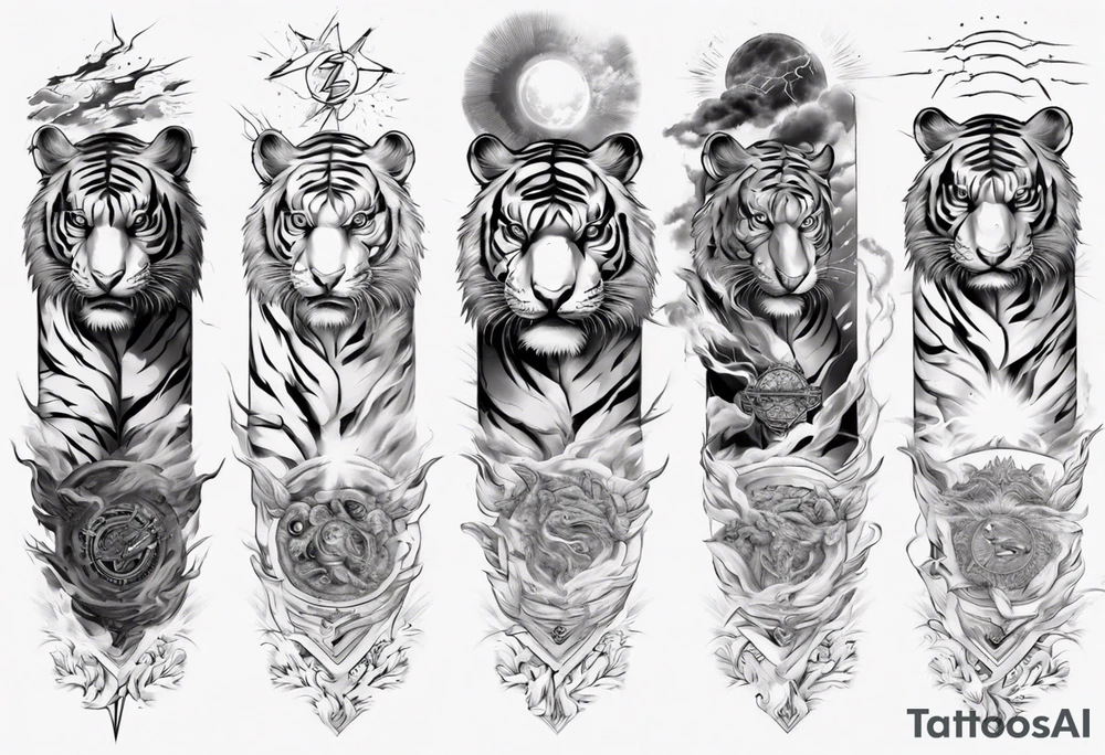 Ancient tiger with lightning and a sun for a forearm sleeve. With patterns surrounding it tattoo idea Ancient tiger with lightning and a sun for a forearm sleeve. With patterns surrounding it tattoo idea