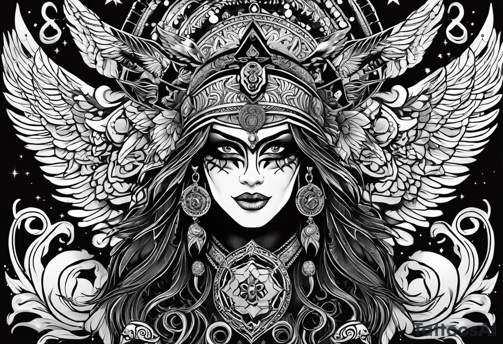 black kali, goddess pirate, alien, angel, pachamama, valkrye, warrior, flying, skull, lotus azul, wing, eagle, zenza resonance, stars, 5D, anahata chakra tattoo idea