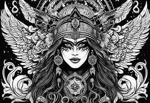 black kali, goddess pirate, alien, angel, pachamama, valkrye, warrior, flying, skull, lotus azul, wing, eagle, zenza resonance, stars, 5D, anahata chakra tattoo idea