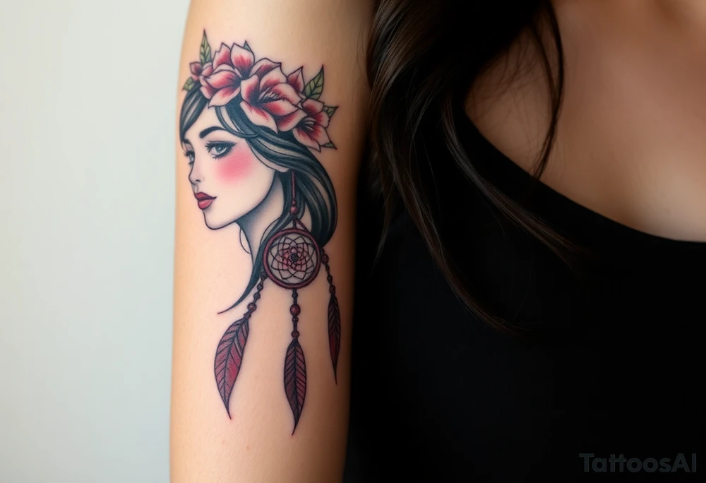 Half sleeve on arm. I already have a girl with flower crown in my shoulder and upper outer arm. Add a dream catcher and Catrina face. Use black and red ink. tattoo idea