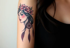 Half sleeve on arm. I already have a girl with flower crown in my shoulder and upper outer arm. Add a dream catcher and Catrina face. Use black and red ink. tattoo idea