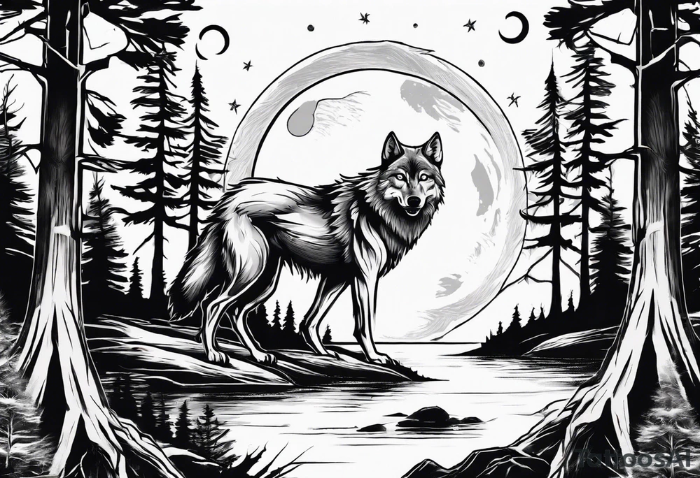 Wolf face a river under it the moon passing through big pine trees tattoo idea