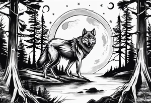Wolf face a river under it the moon passing through big pine trees tattoo idea
