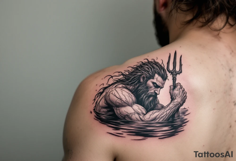 fit young poseidon, with trident, in calm water tattoo idea