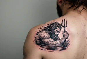 fit young poseidon, with trident, in calm water tattoo idea