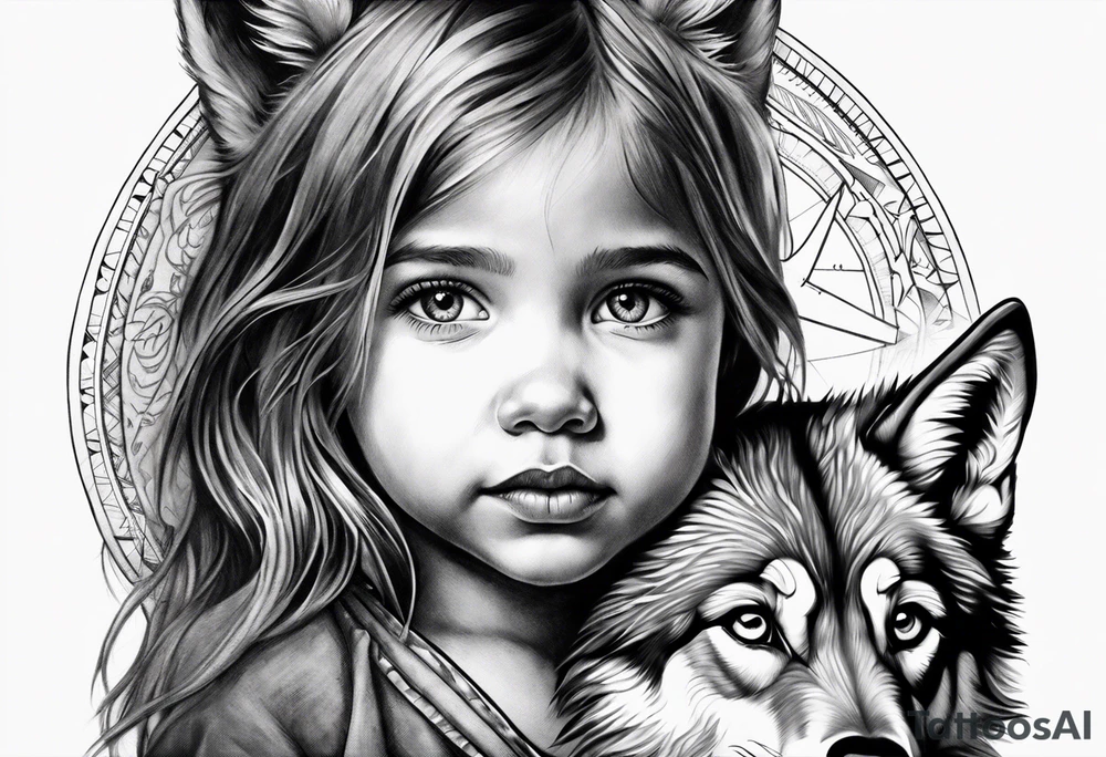 Toddler girl with wolf face and compass tattoo idea
