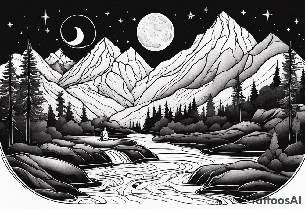 a family of three sitting in a nature with mountains, waterfall, water, and a cross in the background and and moon in the sky with stars tattoo idea