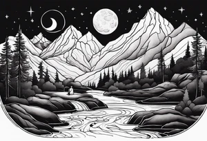 a family of three sitting in a nature with mountains, waterfall, water, and a cross in the background and and moon in the sky with stars tattoo idea
