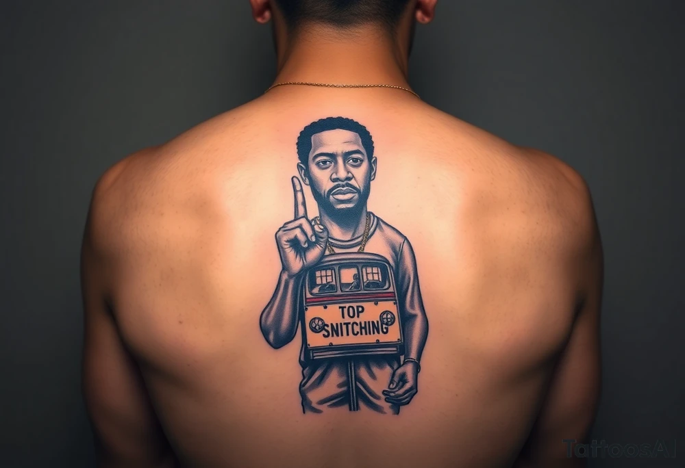 mac dre
s standing in front of him with one hand vertically and one horrizonal in the shape of a T standing of a short bus with a stop sign that says STOP SNITCHING tattoo idea
