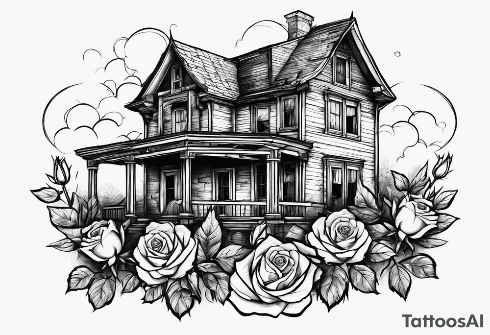 abandoned old house, broken sword, roses, тату рукав tattoo idea