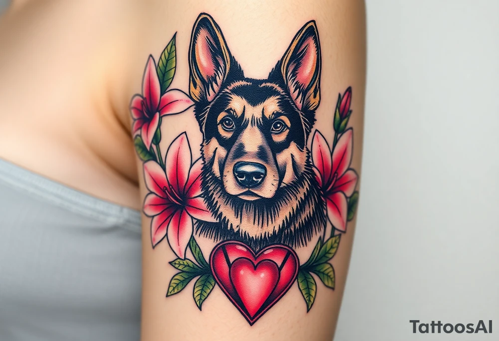 strong short haired german shepherd with alert ears surrounded by pink lilies with large leaves with a sacred heart below tattoo idea