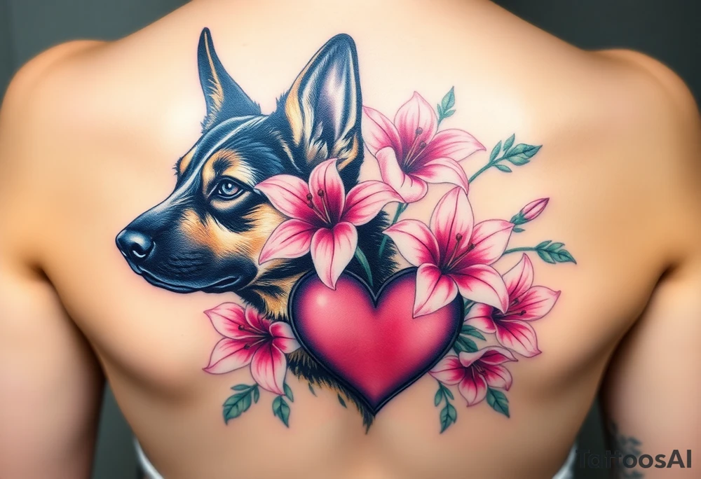 realistic german shepherd dog with pink lily flowers and sacred heart tattoo idea