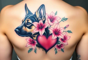 realistic german shepherd dog with pink lily flowers and sacred heart tattoo idea