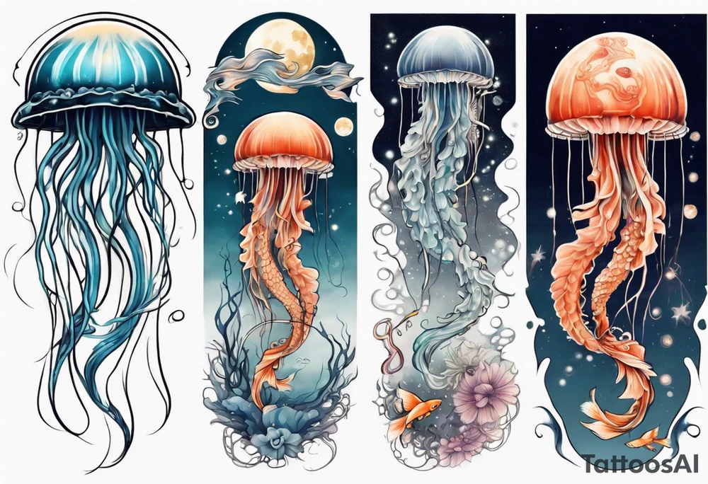 1 jellyfish with the moon in the lid. Then with mini koi carp and jellyfish swimming amongst the tentacles tattoo idea
