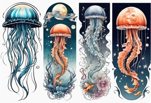1 jellyfish with the moon in the lid. Then with mini koi carp and jellyfish swimming amongst the tentacles tattoo idea
