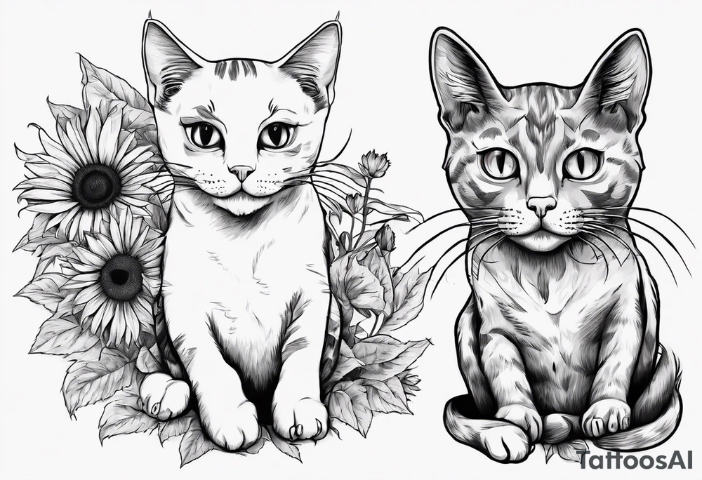 Maine coon cat and a grey cat with extra toes playing together with sun flowers tattoo idea