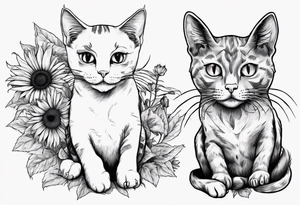 Maine coon cat and a grey cat with extra toes playing together with sun flowers tattoo idea