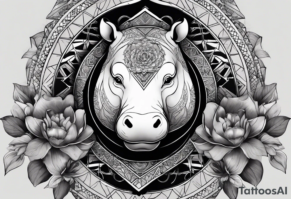 Very asymmetrical, +geometric pattern, with realistic full moon, with hippo,+tribal, +geometric, +inkart , +blackwork, +grey scale, + sketch
with wintersweet flower bud, +for men, detailed layering , combined favourite , tattoo idea