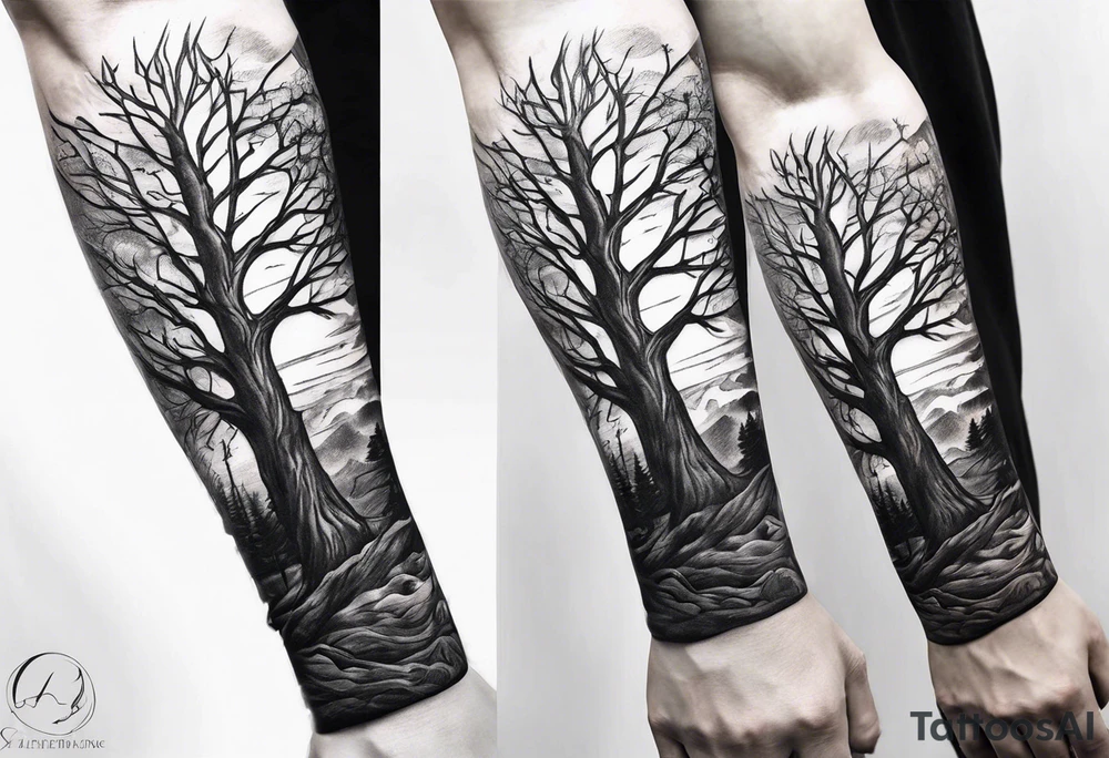 Dead tree arm sleeve tattoo idea