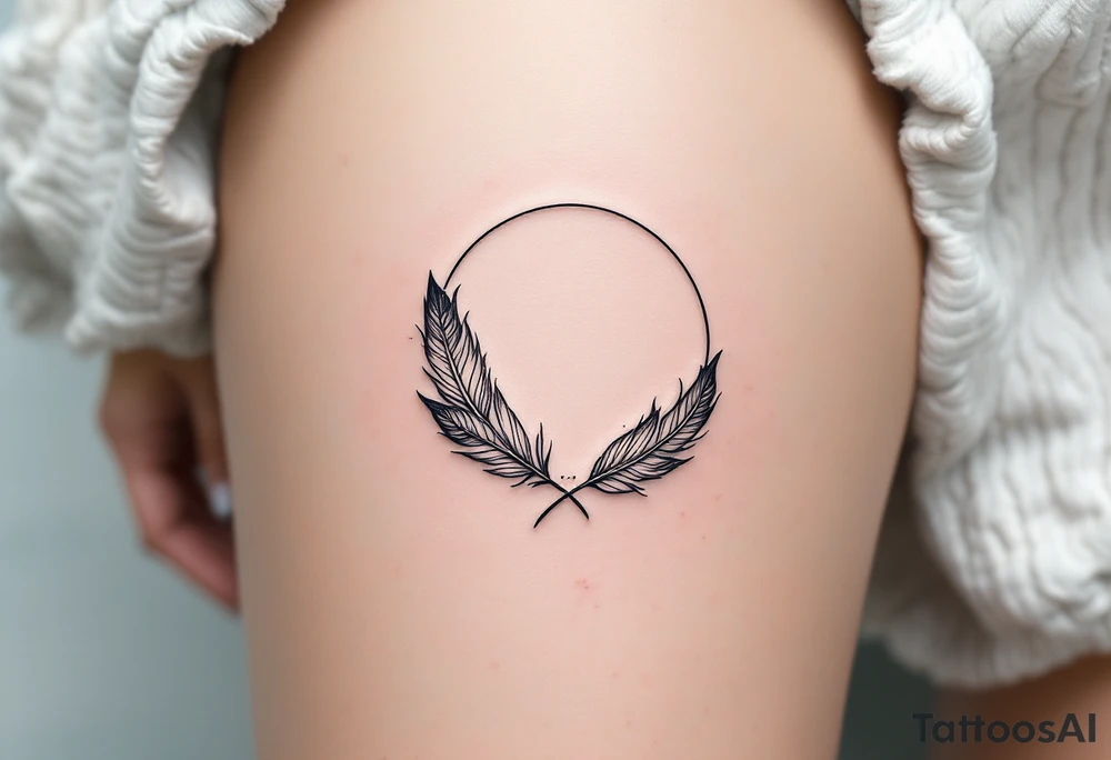 Geometric Circle with Feather Accents – A minimalist geometric circle with subtle feather designs, symbolizing freedom, flow, and feminine grace. tattoo idea