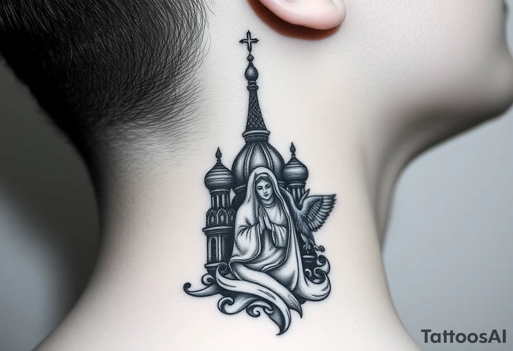 Flowing Scene

A single onion dome rising up toward the ear
Virgin Mary in prayer pose wrapping around the lower neck curve
A small eagle or just the star tucked above the dome near the hairline tattoo idea