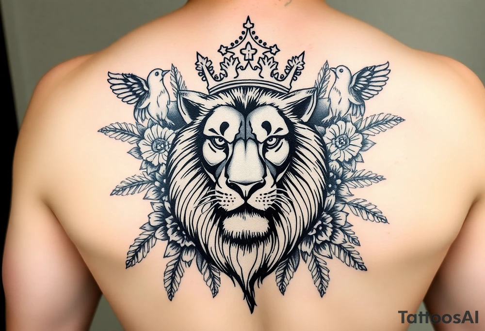 powerful majestic lion with a crown, surrounded by floral ornaments and birds tattoo idea