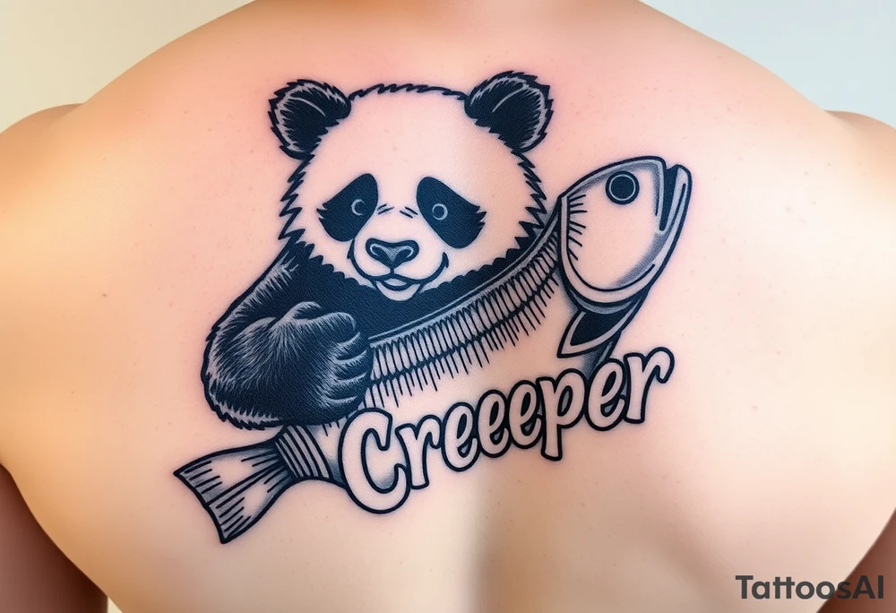 Wrestling panda holding a broken bass and the word creeper tattoo idea