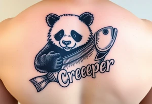 Wrestling panda holding a broken bass and the word creeper tattoo idea